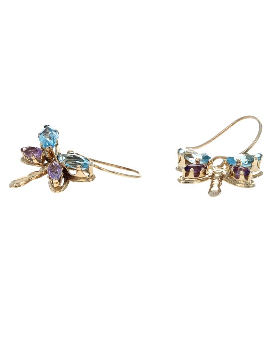 Swiss Blue Topaz and Amethyst Dragonfly Dangle Earrings in Yellow Gold